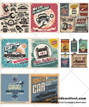       | Old-fashioned posters of sixties for auto shop, 