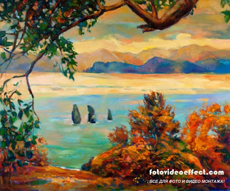  Stock Photo: Oil painting, rural landscape, garden flowers, Sailing boat
