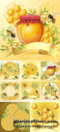 Stock: Background with bees and honey jar