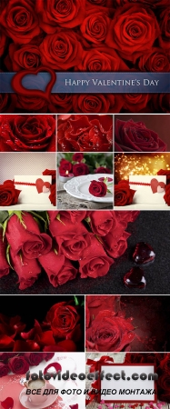 Stock Photo:  Red roses and two red glass hearts