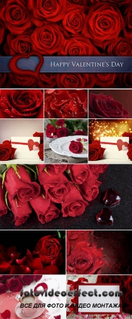 Stock Photo:  Red roses and two red glass hearts