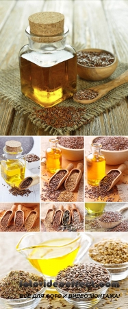 Stock Photo: Linseed oil in a glass bottle on a brown table