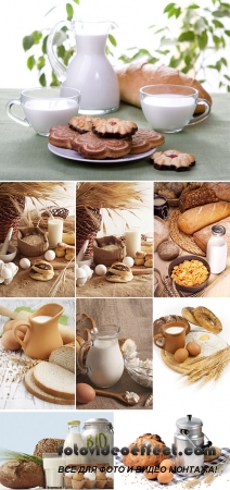 Stock Photo: Fresh bread, eggs and glass of milk