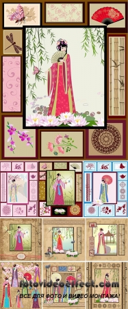 Stock: Asian girl with vintage patterns