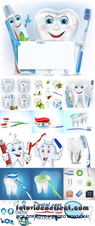 Stock: Funny tooth, tooth paste and tooth brush with blank